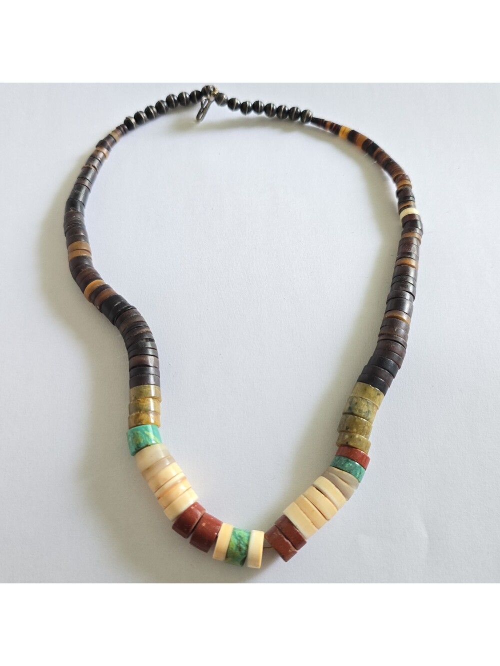 Vintage Turquoise Heishi Bead Necklace: Native American Sterling Silver Clasp